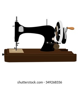 Vector illustration black retro sewing machine. Old, vintage sewing machine