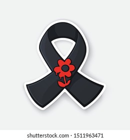 Vector illustration. Black ribbon with red flower. World day remembrance for road traffic victims. Sticker with contour. Isolated on white background