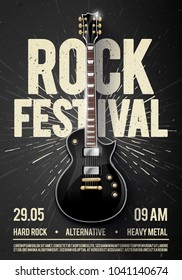 vector illustration black rock festival concert party flyer or poster design template with guitar, place for text and cool effects in the background