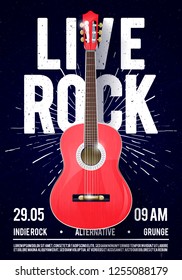 vector illustration black rock festival concert party flyer or poster design template with classical acoustic guitar, place for text and cool effects in the background