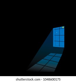 vector illustration black room with grating window and reflection on the floor from moonlight.