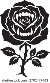 Vector Illustration of a Black Rose with Vampire Fangs and Sharp Teeth for Gothic Design
