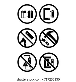 Vector illustration black round icon set, collection battery warning sign. Do not put in fire, recharge, destroy.