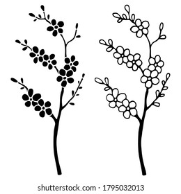 vector illustration in black, sakura branch, line drawing and silhouette, isolate on white background, template