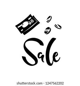 Vector illustration, black sale lettering and money silhouettes. Applicable for promo banners, flyers, posters, web pages etc. Can be used for "Save the money" concept.