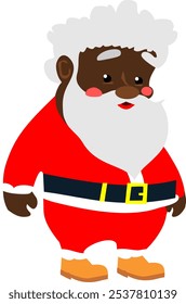 Vector illustration of a Black Santa Claus in classic red attire, with curly white hair and beard. Perfect for inclusive Christmas themes, holiday cards, marketing, and digital decor. High-quality, ed