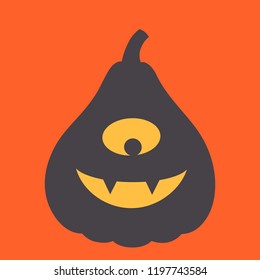 Vector illustration:  black scary carved pumpkin icon isolated on orange background. Decorative element for Halloween party greeting cards, posters, postcards, wrapping paper, scrapbooking
