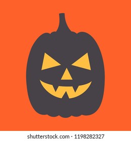 Vector illustration: black scary carved pumpking icon isolated on orange background. Decorative element for Halloween party greeting cards, posters, postcards, wrapping paper, scrapbooking
