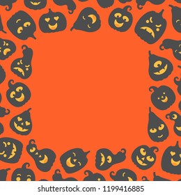 Vector illustration: black scary carved pumpkings in frame shape isolated on orange background. Decorative element for Halloween party greeting cards, posters, postcards, wrapping paper, scrapbooking
