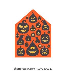Vector illustration:  black scary carved pumpking icon in ginger abstract house isolated on white background. Decorative element for Halloween party greeting cards, posters, postcards, scrapbooking
