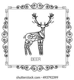 Vector illustration with black schematic, engineering deer in the ornate frame with text on white background