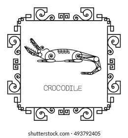 Vector illustration with black schematic, engineering crocodile in the ornate frame with text on white background