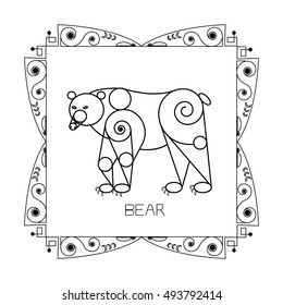 Vector illustration with black schematic, engineering bear in the ornate frame with text on white background