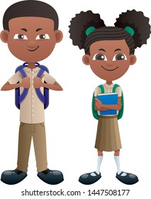 Vector illustration of black schoolboy and schoolgirl. 