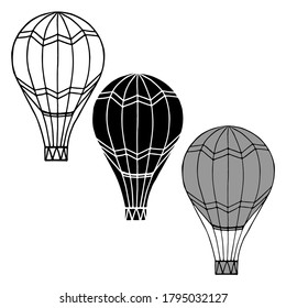 vector illustration in black, set of balloons, travel, line drawing and silhouette, isolate on white background, template