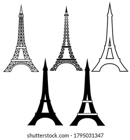 vector illustration in black, set of eiffel tower, line drawing and silhouette, isolate on white background, template