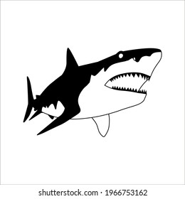 Vector Illustration Of A Black Shark Silhouette. Icon Fish Shark Three Quarter View Profile On White Background. Color Editable Eps 10