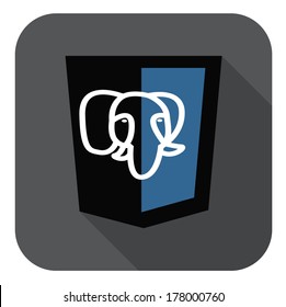 vector illustration of black shield with elephant postgre sql database, isolated web site development icon on white background