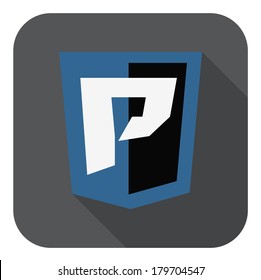 vector illustration of black shield with P letter postgre sql database, isolated web site development icon on white background