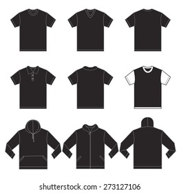 Vector illustration of black shirts template in many variation, front and back design isolated on white