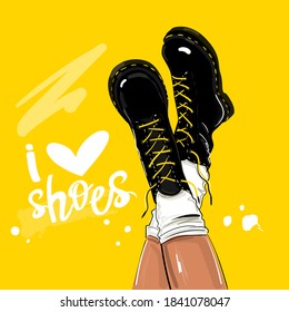 Vector illustration with black shoes on a yellow background and the inscription I love shoes