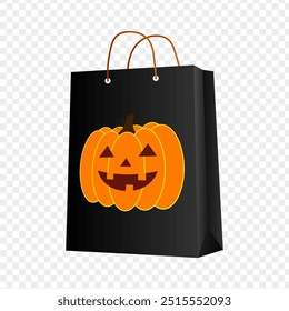 Vector illustration of black shopping bag with Halloween pumpkin on transparent background