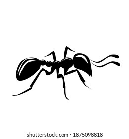 Vector illustration of a black silhouette ant. Isolated white background. Icon insect ant side view profile.