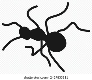 Vector illustration of a black silhouette ant. Isolated white background. Icon insect ant side view profile.