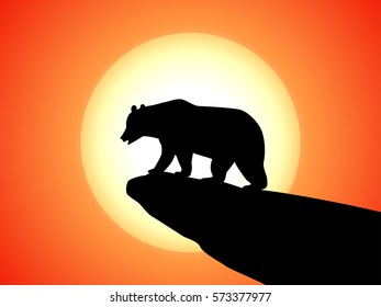 Vector illustration of black silhouette of a bear on a rock on a background of sunset. Side view, profile.