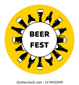 Vector illustration with black silhouette of beer bottles and glasses on a yellow background and text "Beer fest"