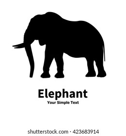 Vector illustration of black silhouette of big elephant with its trunk and tusks. Drawing on isolate white background. Elephant logo icon. Side view of the profile.