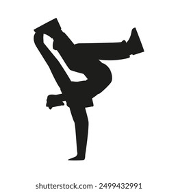 Vector illustration of a black silhouette of a breakdance dancer in a spectacular pose highlighted on a white background, for the design of dance classes