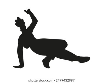 Vector illustration of a black silhouette of a breakdance dancer in a dynamic pose highlighted on a white background. Ideal for the design of dance studios