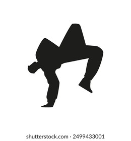 Vector illustration of a black silhouette of a breakdance dancer in a handstand highlighted on a white background. It is ideal for the design of dance classes