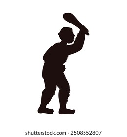 Vektorgrafik einer schwarzen Silhouette eines Höhlenmenschen, der einen Stab auf weißem Hintergrund hält. Eine visuelle Darstellung eines menschlichen Vorfahren aus der Steinzeit