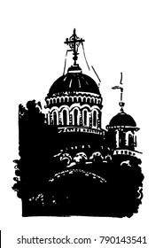 Vector illustration. Black silhouette of a church with trees and crosses.