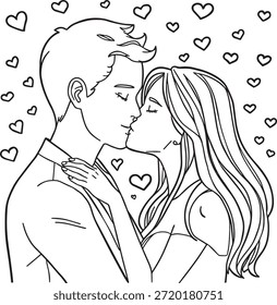 Una Ilustración vectorial de una silueta negra de una pareja en un dibujo de línea en forma de corazón, con una mujer con un hermoso cabello y su pareja celebrando el amor familiar y una boda