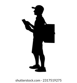 Vector illustration. Black silhouette of a courier with a box. Fast delivery.