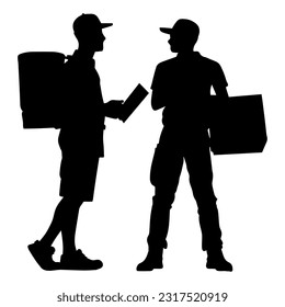 Vector illustration. Black silhouette of a courier with a box. Fast delivery.