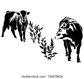 Vector illustration of black silhouette cow with calf and weeds on white background.