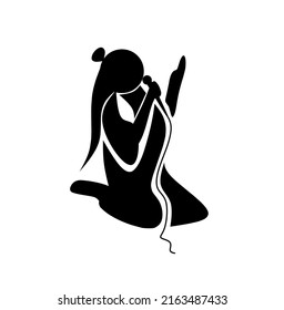 Vector illustration of black silhouette of a dancing girl singing with a microphone. Isolated on white background. Woman singer in concert. The concept of karaoke. Side view, profile.