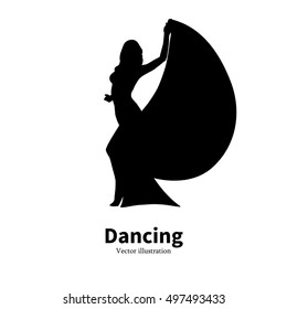 Vector illustration of black silhouette of a dancing girl. The concept of oriental Eastern belly dance.