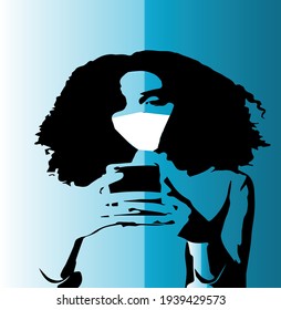 
Vector illustration, black silhouette, digitally created, of young girl with afro hair and mask with mobile phone in hand, on blue background.