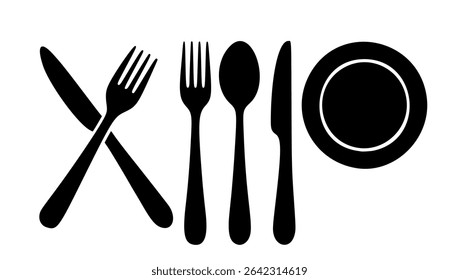 Vector illustration of black silhouette dining utensils including a crossed knife and fork, a standalone fork, spoon, knife, and plate