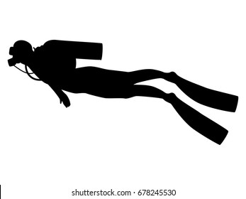 Vector illustration black silhouette diver. Isolated white background. Icon diver side view profile. The concept of sport diving.