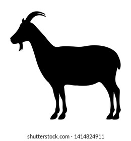 Vector illustration of a black silhouette of a domestic goat. Isolated white background. Goat logo icon, side view profile.