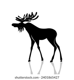 Vector illustration of a black silhouette of an elk. Isolated white background. Icon moose with horns side view, profile.