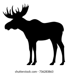 Vector illustration of a black silhouette of an elk. Isolated white background. Icon moose with horns side view, profile.