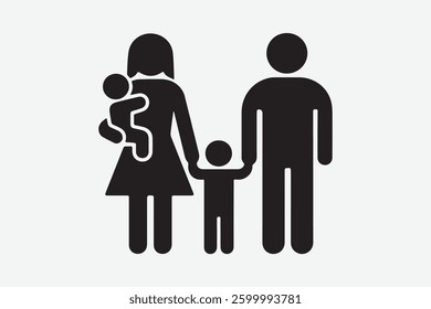 A vector illustration of a black silhouette family icon with a mother, father, and child. The mother is holding the child. The family is standing in a row. The background is white