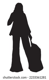 Vector illustration with black silhouette of female figure in winter clothes and with trolley for travel